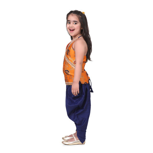 Jacquard Halter Neck Top With Dhoti-Orange