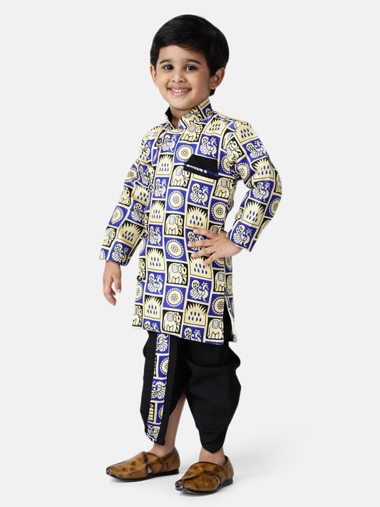 Hathi-Mor Print Sherwani with Dhoti- Blue