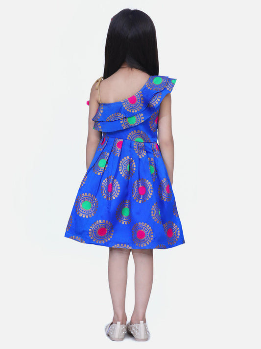 One Shoulder Jacquard Party Frock- Blue