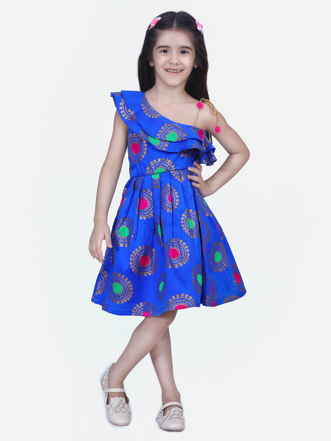 One Shoulder Jacquard Party Frock- Blue