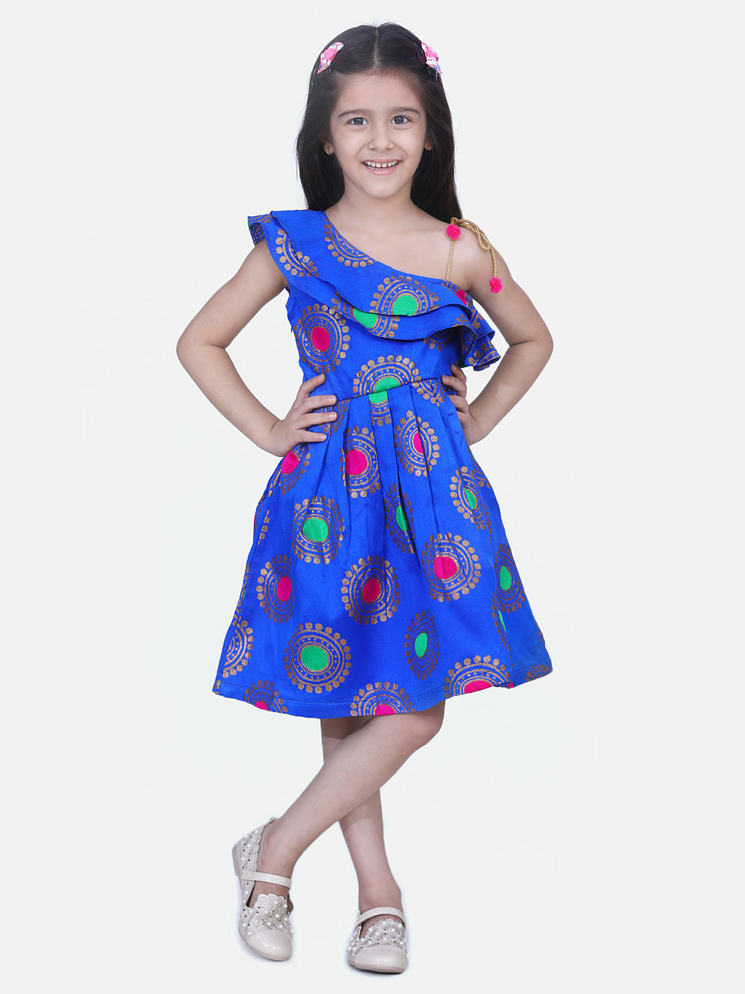 One Shoulder Jacquard Party Frock- Blue