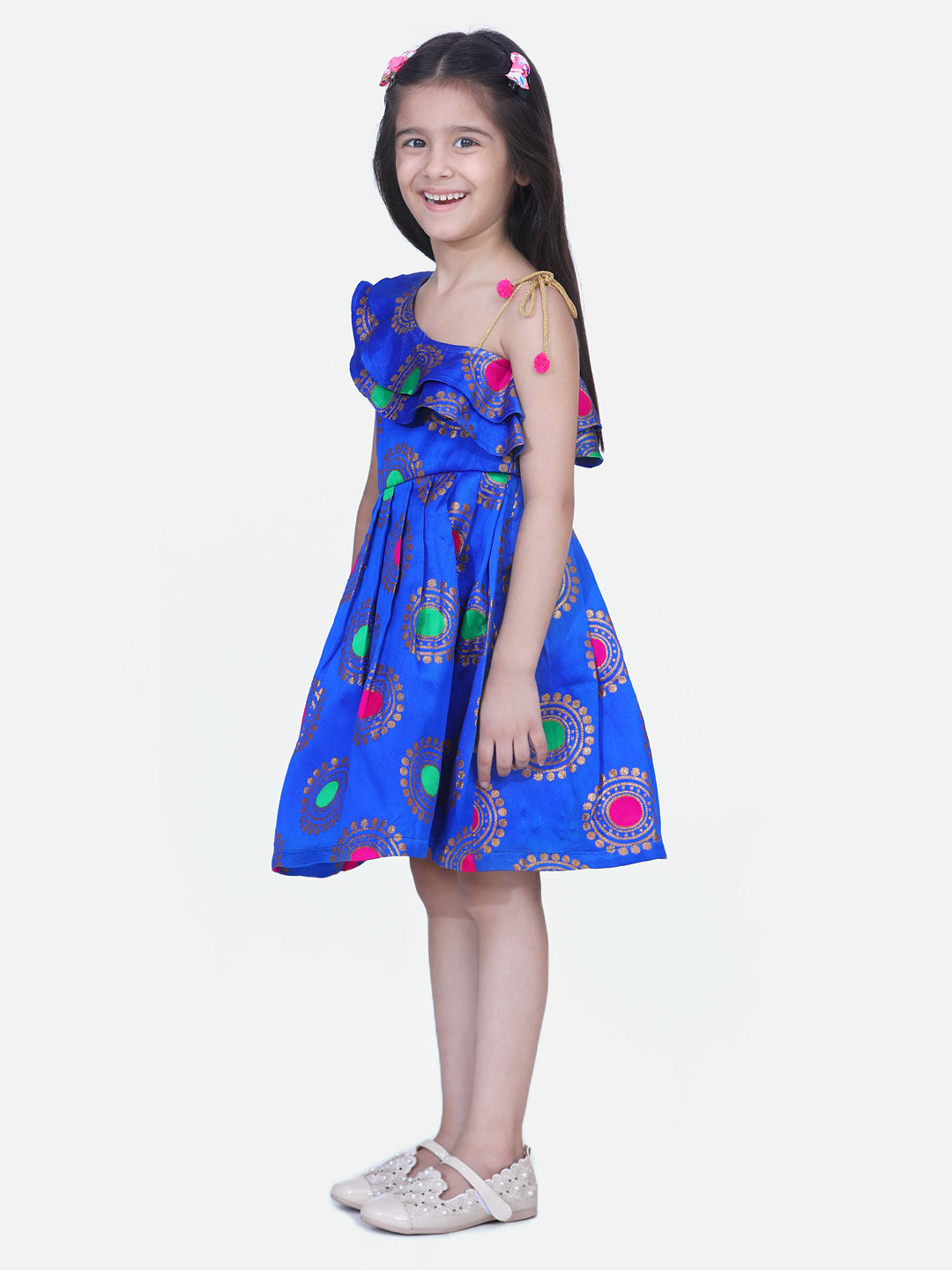 One Shoulder Jacquard Party Frock- Blue