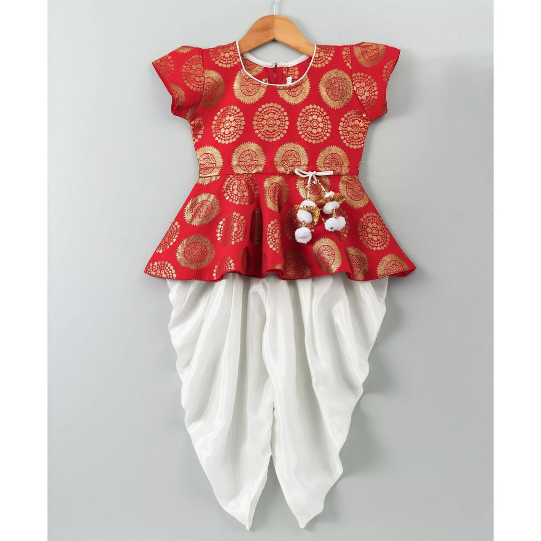 Ethnic Doll Jacquard Dhoti Peplum Top- Red & White