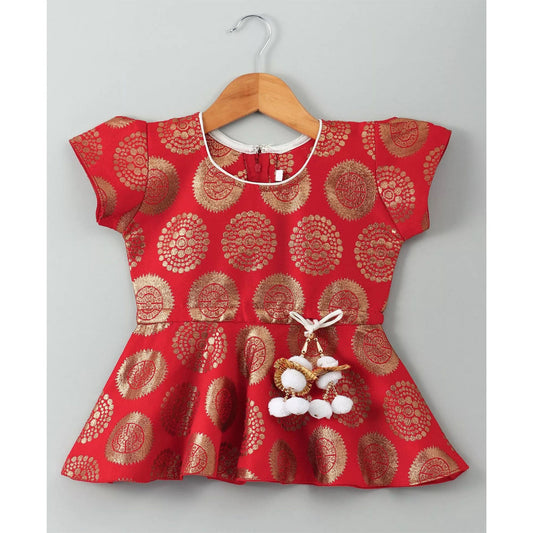 Ethnic Doll Jacquard Dhoti Peplum Top- Red & White