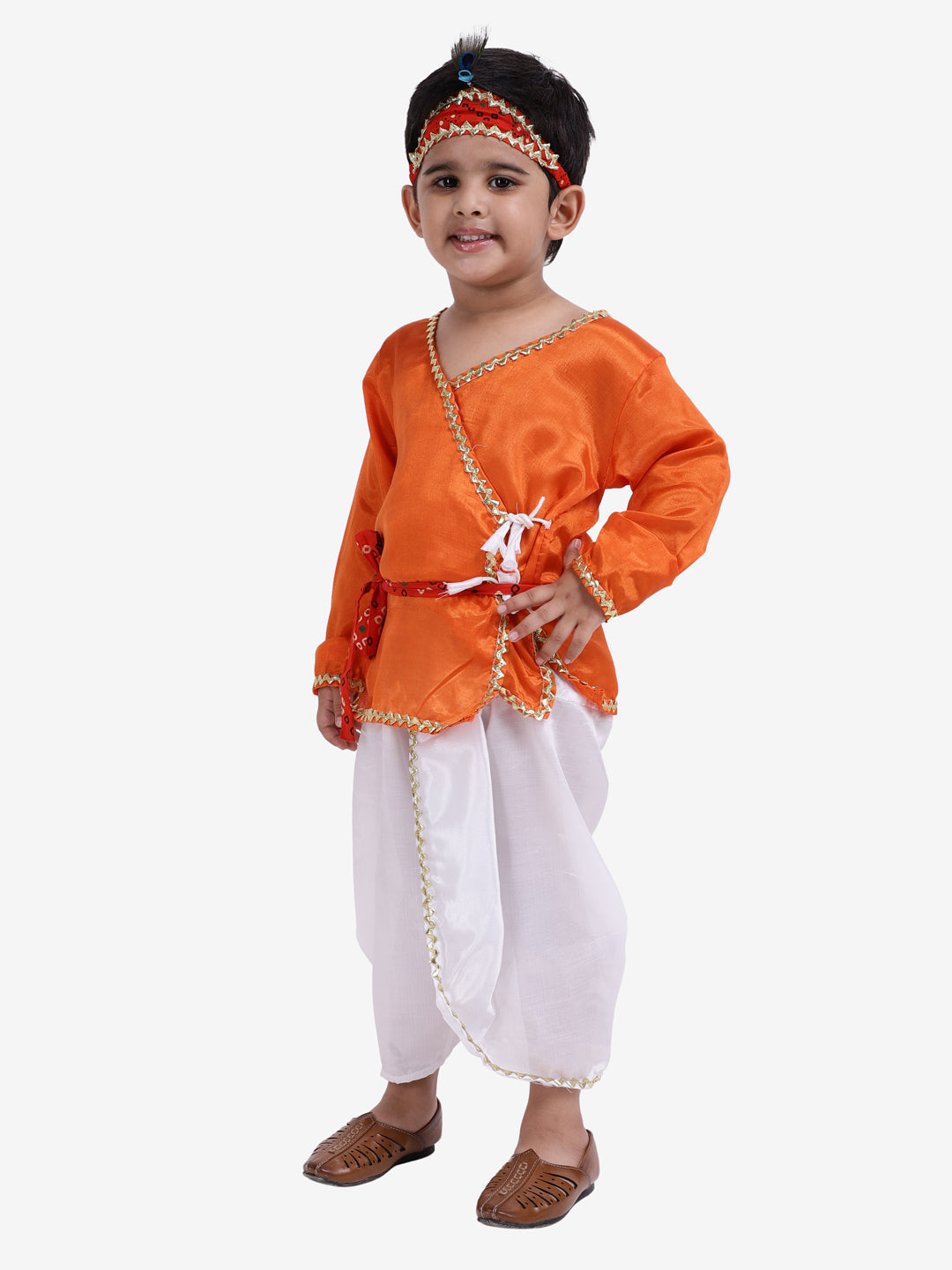 Costume Kanhaiya avec Mukut et ceinture - Orange et blanc