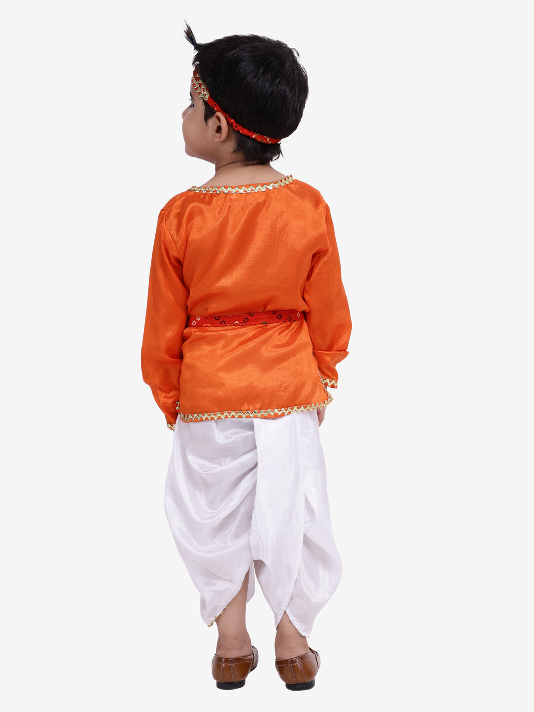 Costume Kanhaiya avec Mukut et ceinture - Orange et blanc