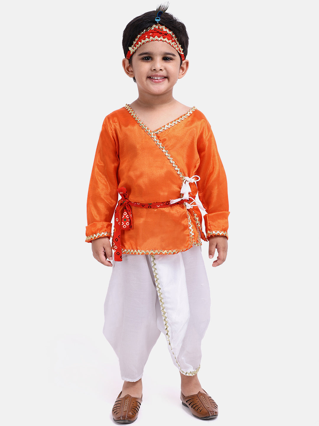 Costume Kanhaiya avec Mukut et ceinture - Orange et blanc