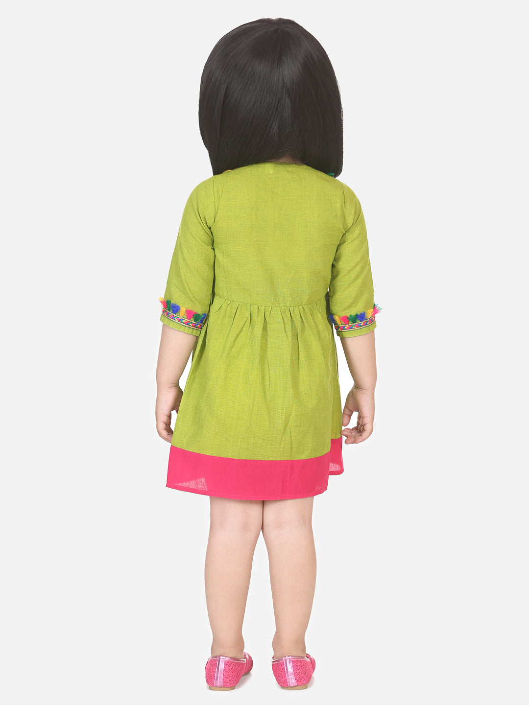 Cotton Front Open Full Sleeve Frock- Green