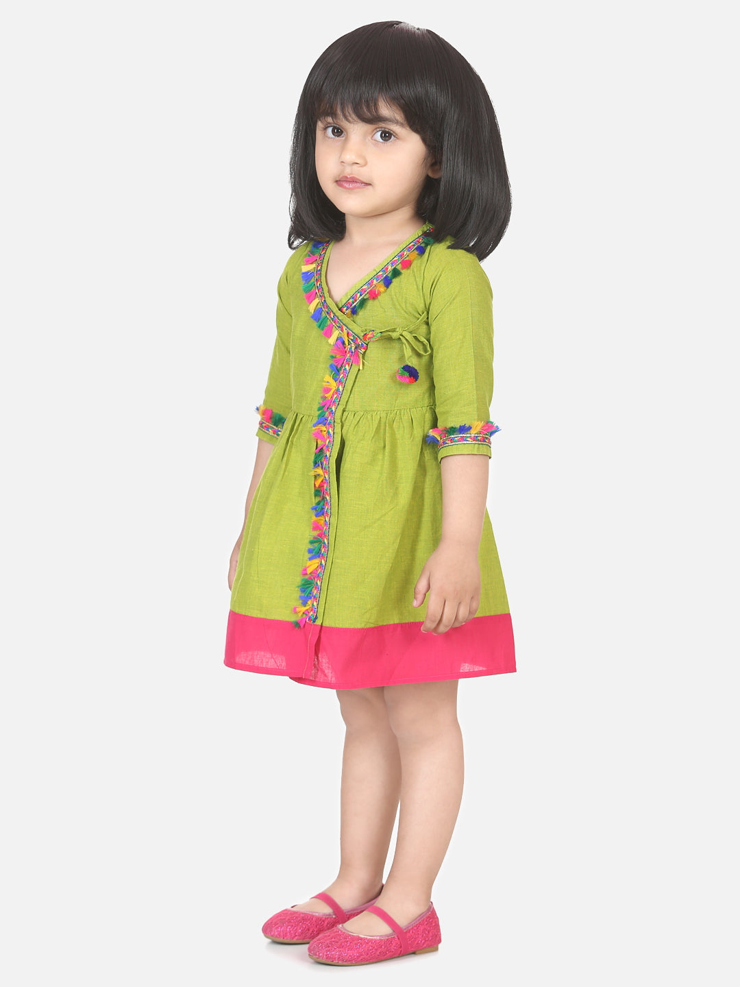 Cotton Front Open Full Sleeve Frock- Green
