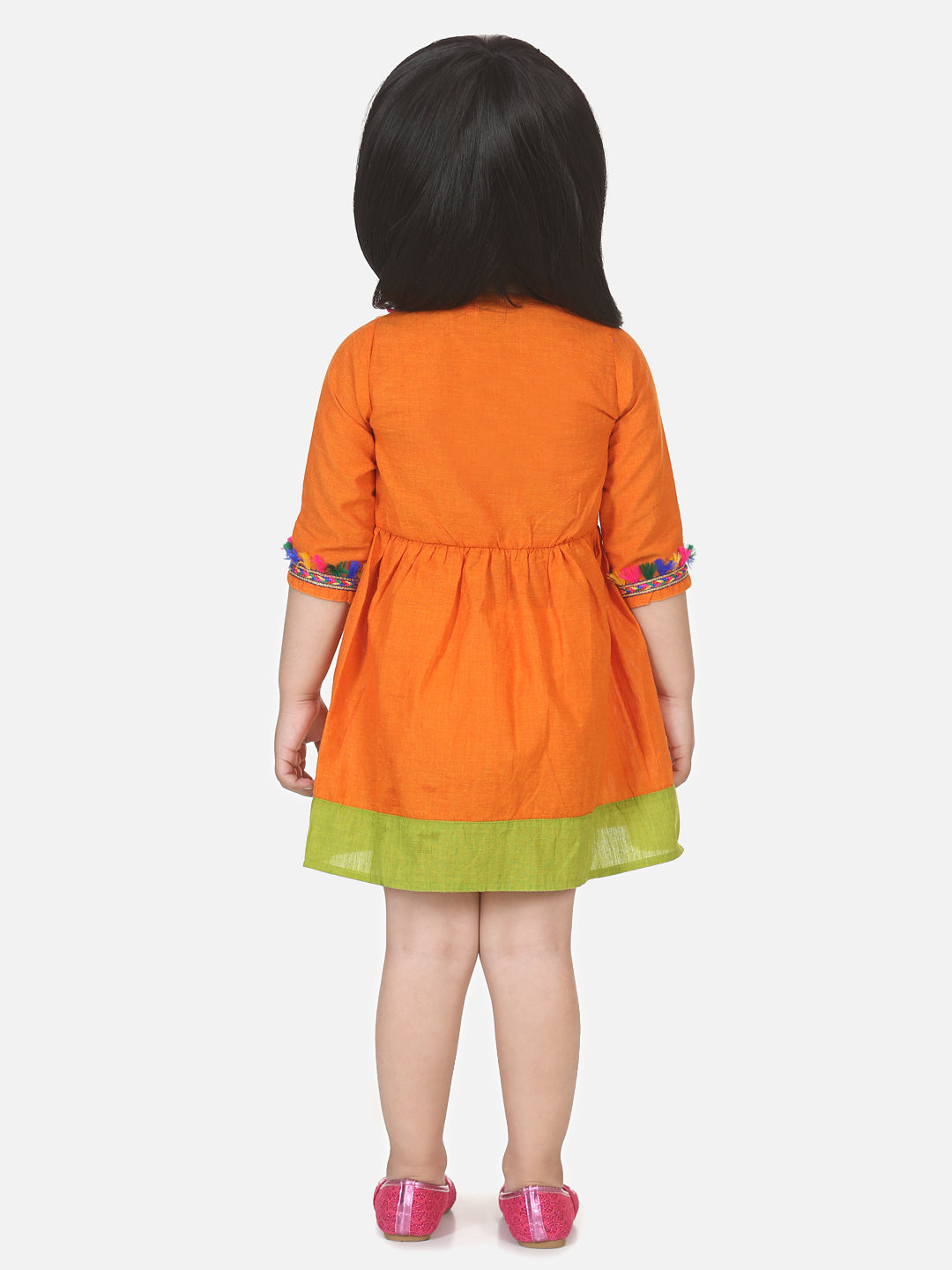 Cotton Front Open Full Sleeve Frock- Orange