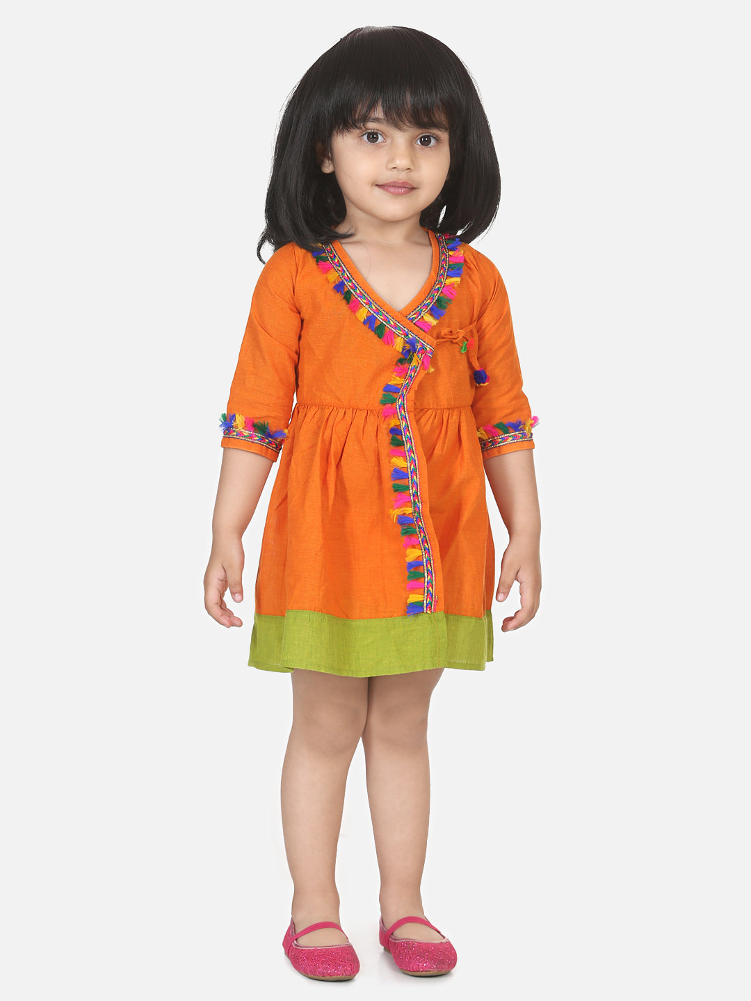 Cotton Front Open Full Sleeve Frock- Orange