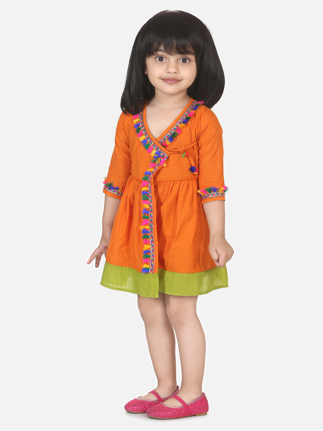 Cotton Front Open Full Sleeve Frock- Orange