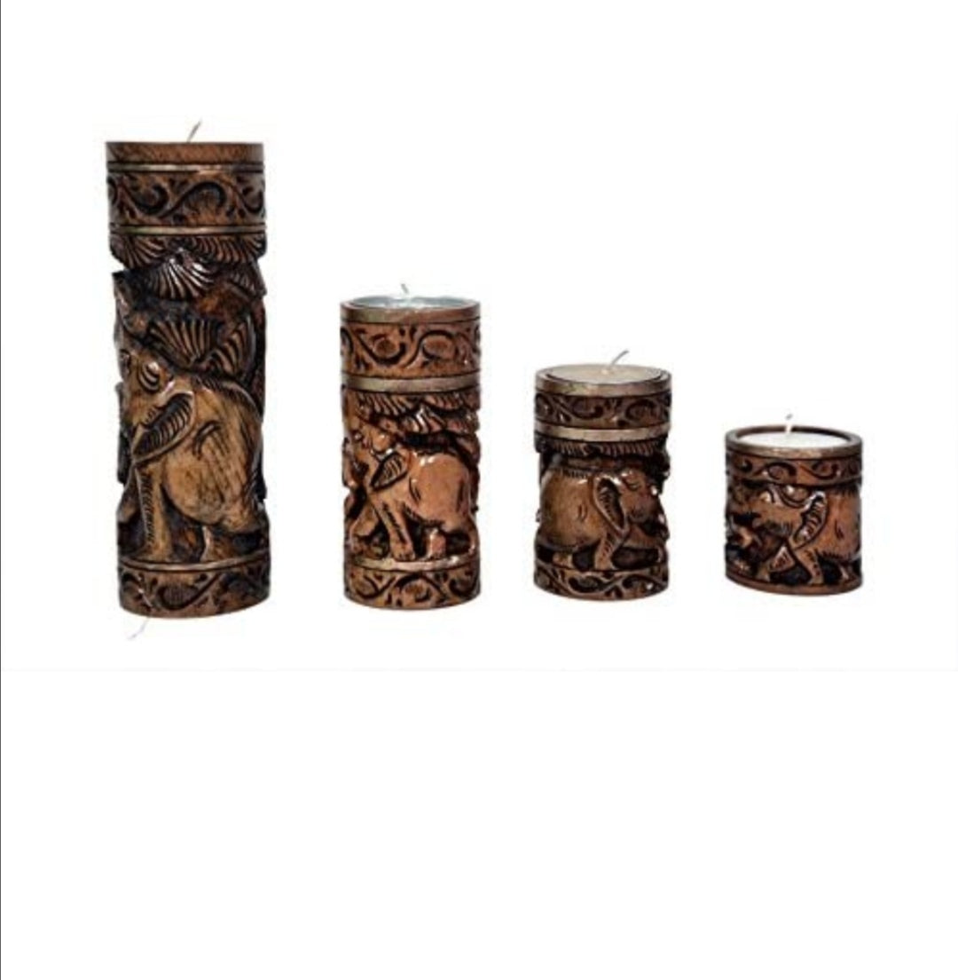Wooden Hand Carved Candle Stand Tea Light Holders for Christmas - Pack of 4