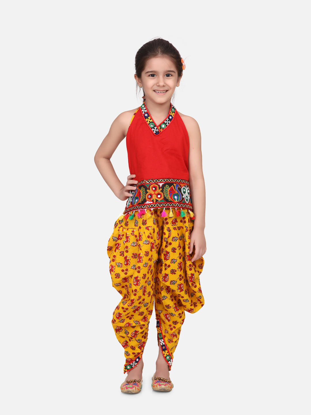 Halter Neck Cotton Top With Dhoti- Yellow