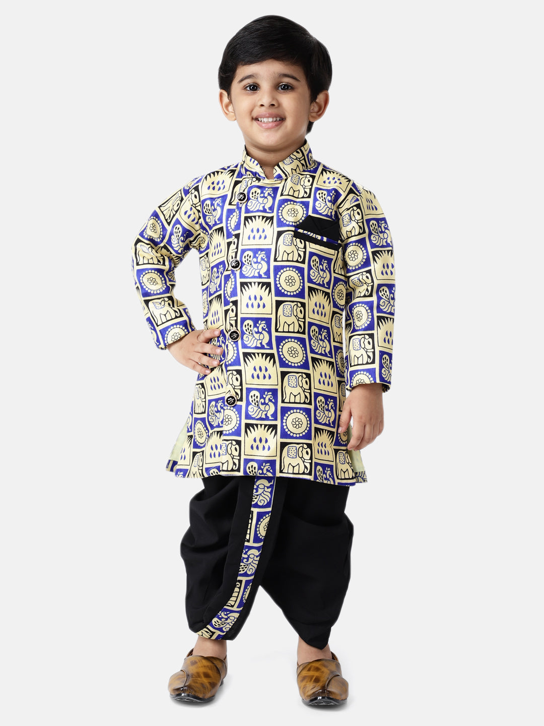 Hathi-Mor Print Sherwani with Dhoti- Blue
