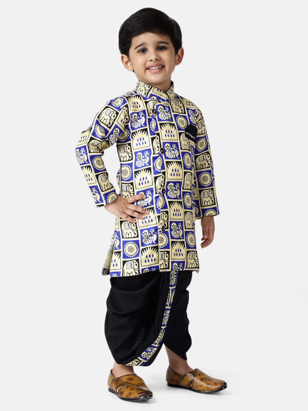 Hathi-Mor Print Sherwani with Dhoti- Blue