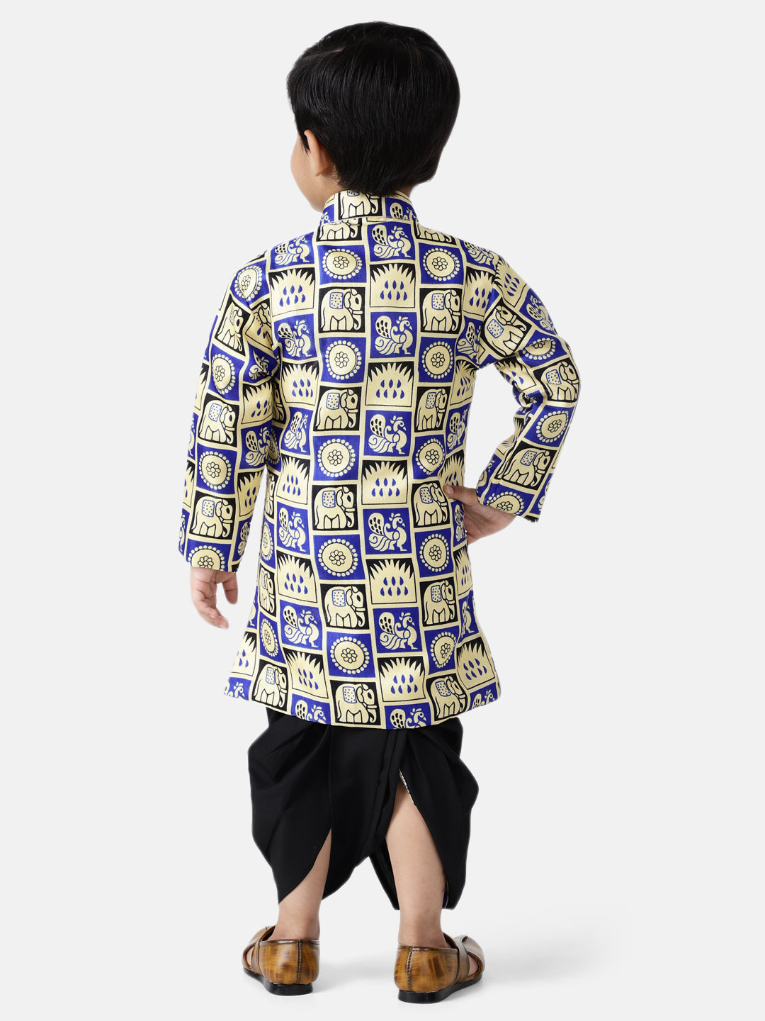 Hathi-Mor Print Sherwani with Dhoti- Blue