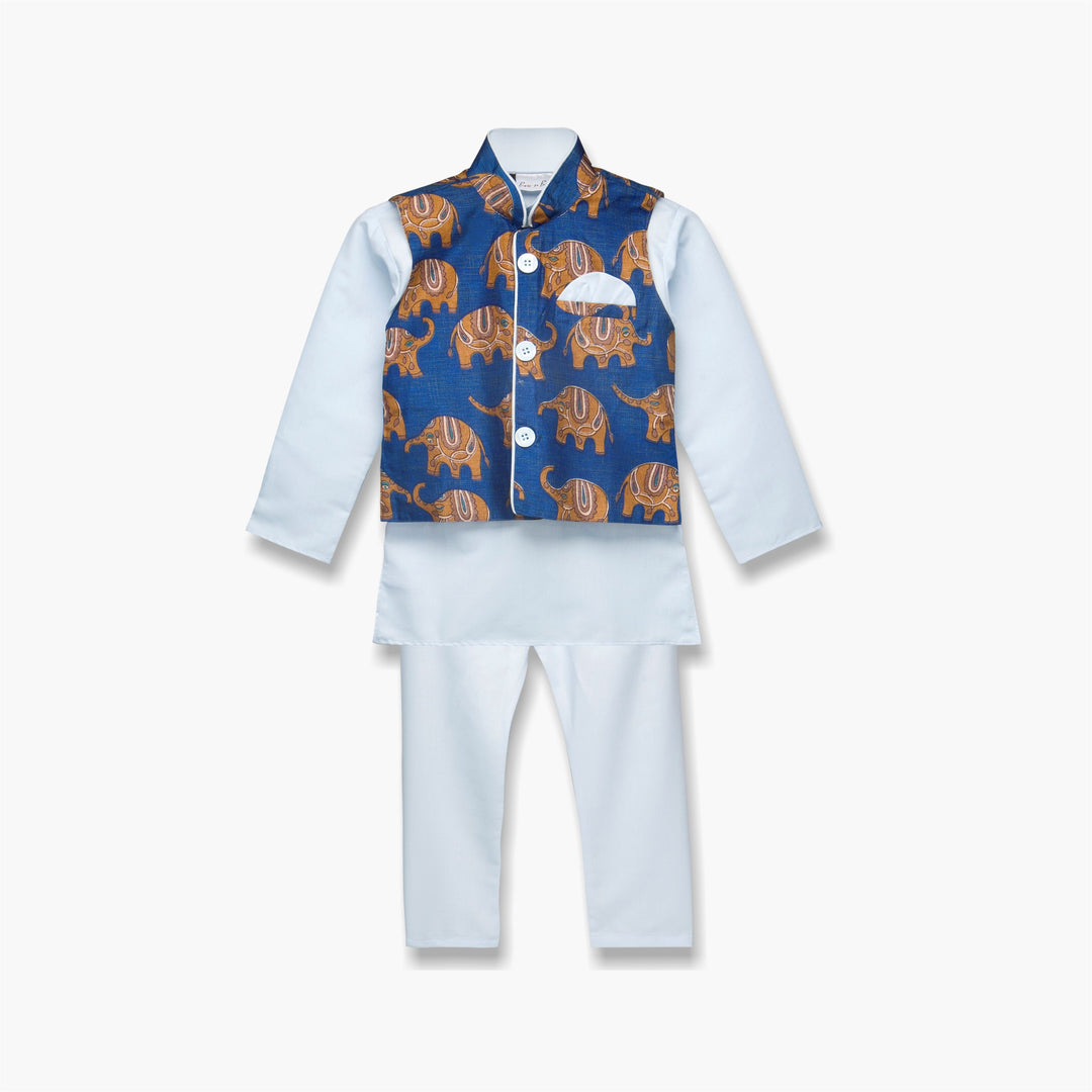 Hathi Print Kurta Pyjama For Boys - Blue