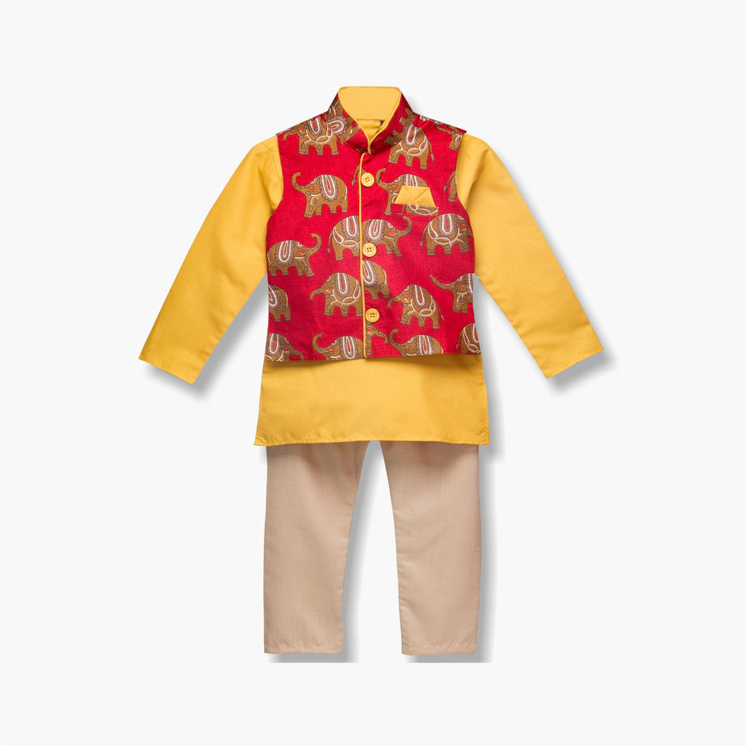 Hathi Print Kurta Pyjama For Boys - Yellow