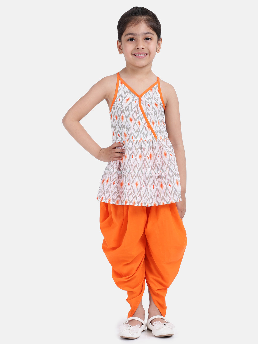 Cambric Cotton Halter Neck Top Dhoti For Girls-Orange
