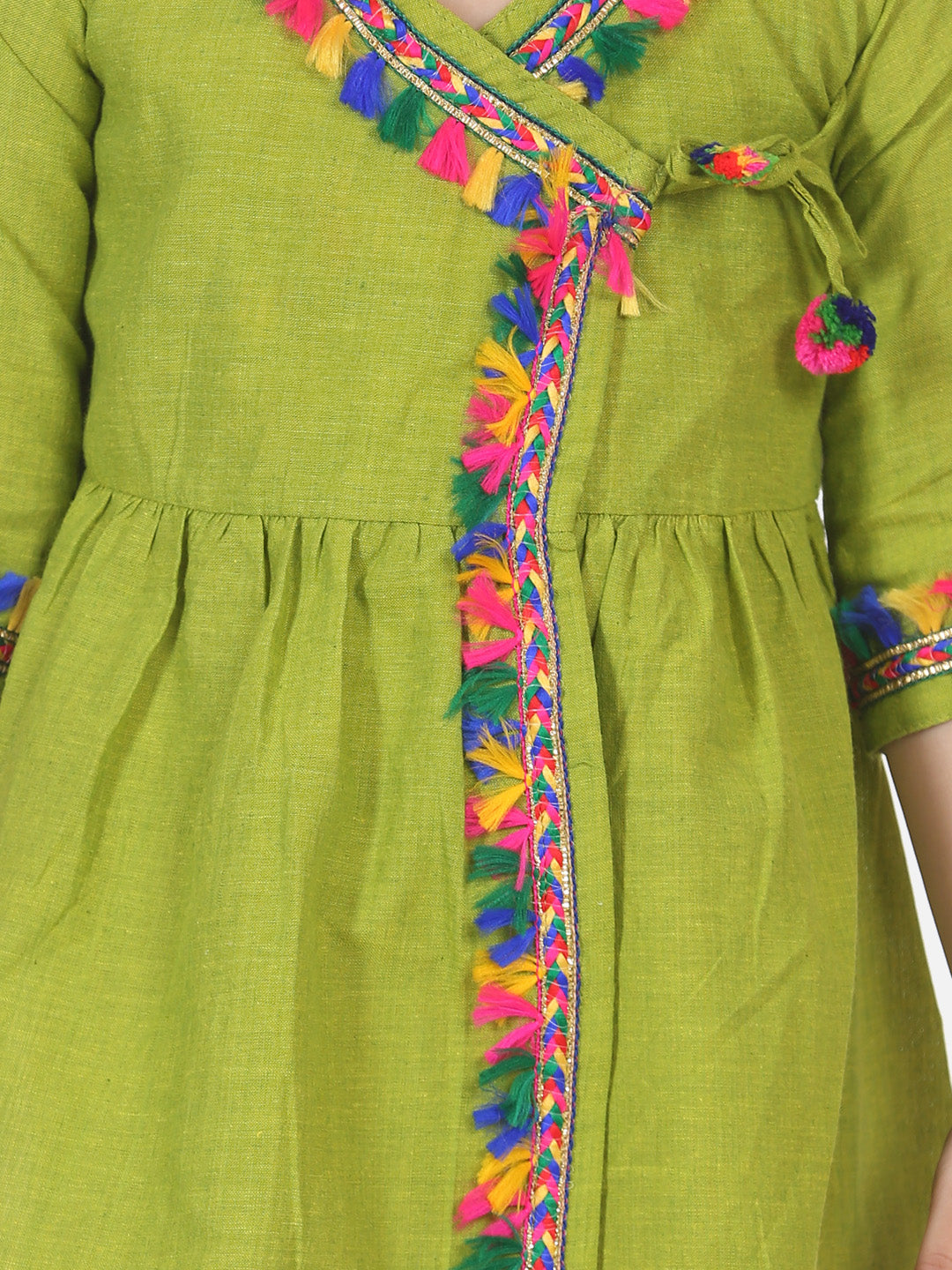 Cotton Front Open Full Sleeve Frock- Green
