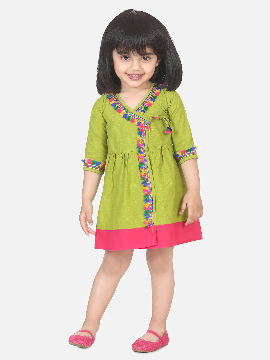 Cotton Front Open Full Sleeve Frock- Green