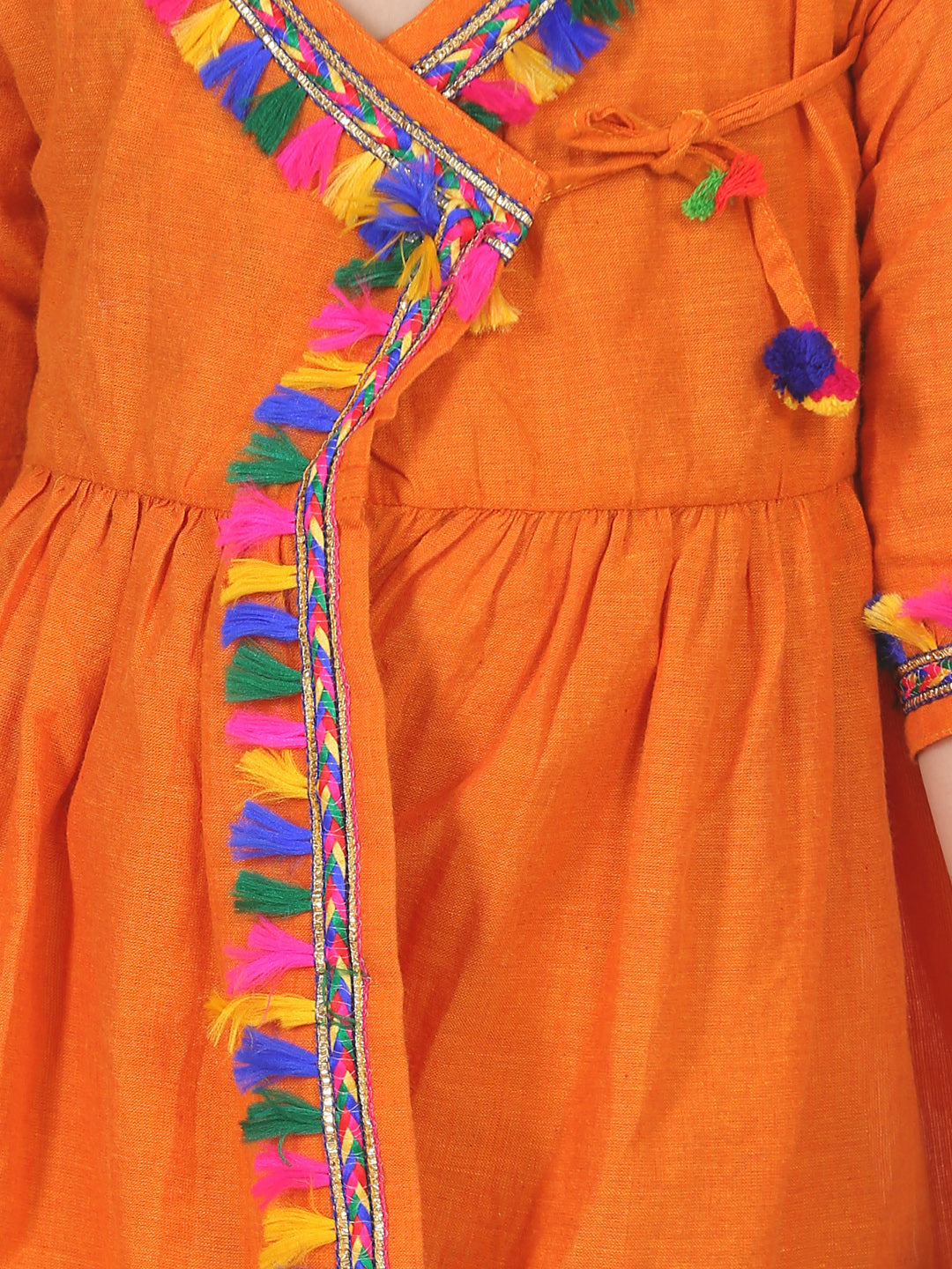 Cotton Front Open Full Sleeve Frock- Orange