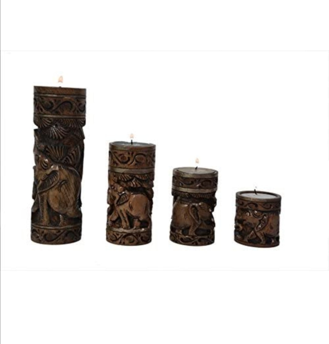 Wooden Hand Carved Candle Stand Tea Light Holders for Christmas - Pack of 4
